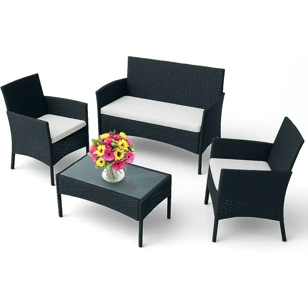 Outdoor Furniture Loveseat - 4-teiliges Outdoor-Gartenmöbel-Set: 2 Korbstühle, Zweisitzer, Couchtisch