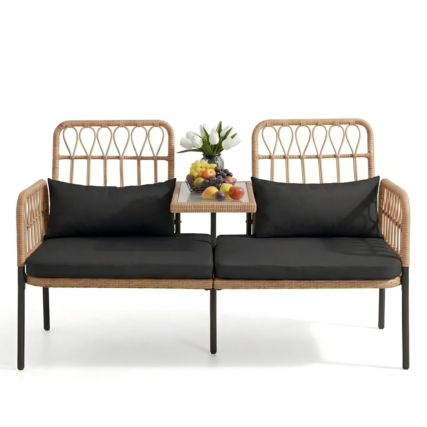 Outdoor Furniture Loveseat - Rattan-Liebessofa mit Glastisch, 2-Sitzer Gartenmöbel aus