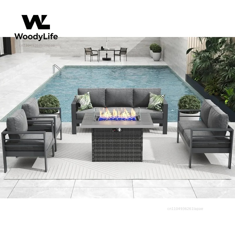 Outdoor Furniture Set With Fire Pit - L5-teiliges modernes Aluminium-Gartenmöbel-Set mit Feuertisch, Outdoor-Sitzgruppe,
