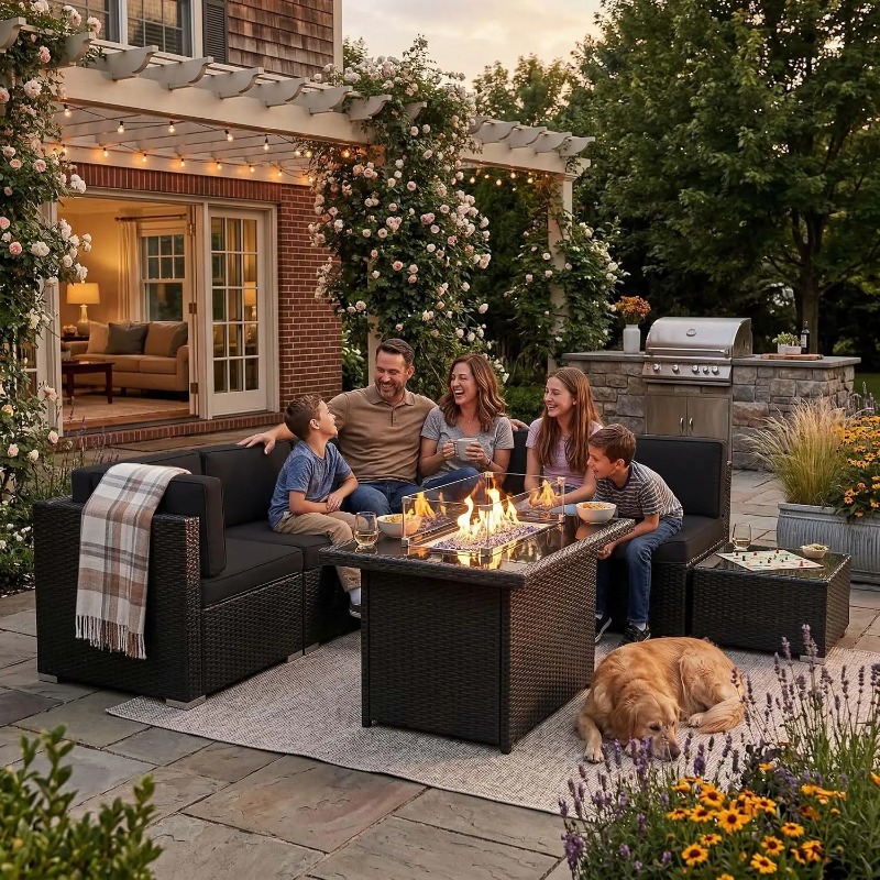 Outdoor Furniture Set With Fire Pit - 8-teiliges Gartenmöbel-Set aus Rattan mit 44-Zoll-Propan-Feuertisch