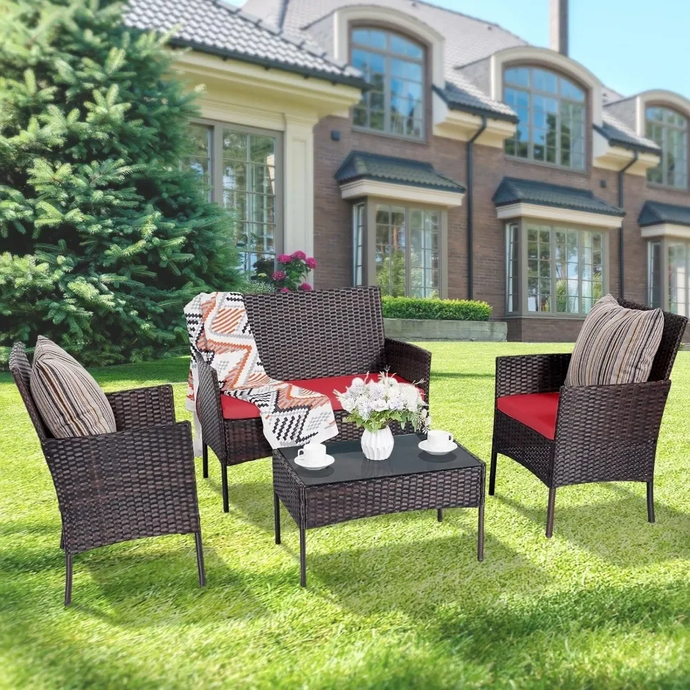 Outdoor Furniture Loveseat - Set 4-teiliges Gesprächsset aus Korbgeflecht, Rattanstühle,