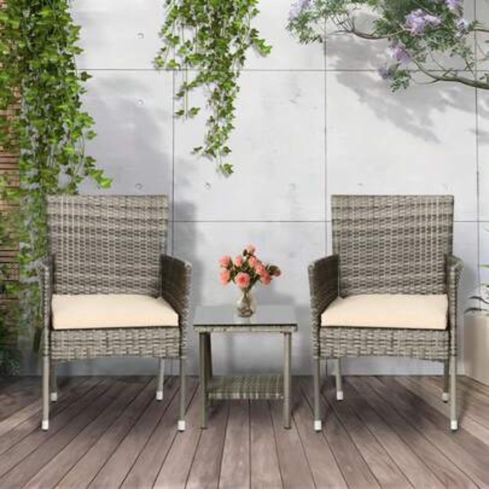 Outdoor Furniture Loveseat - Outdoor-Terrassenmöbel-Set aus 3 Teilen, graues Rattan-Gesprächsset