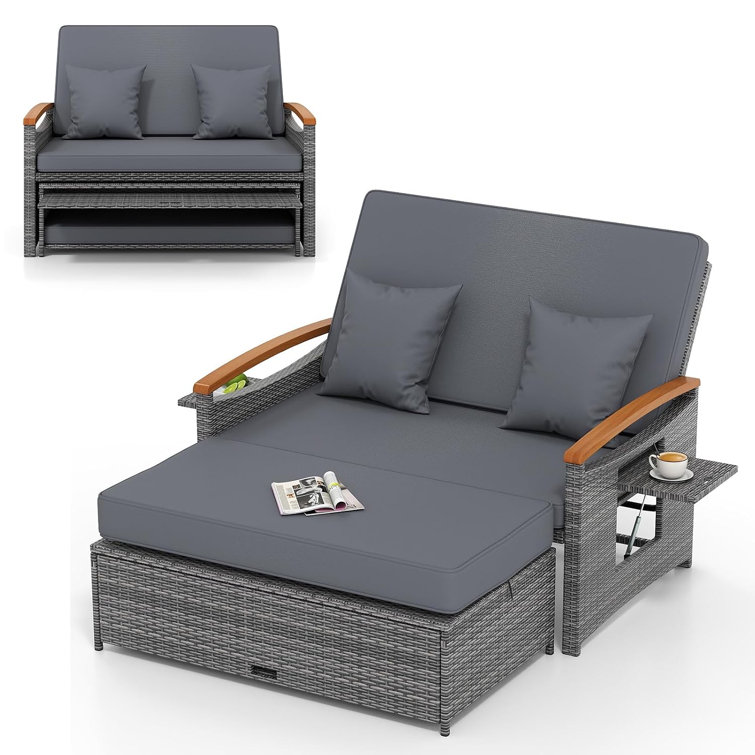 Outdoor Furniture Loveseat - Rattan-Gartenliege mit Stauraumhocker, verstellbarer Rückenlehne, ausziehbaren