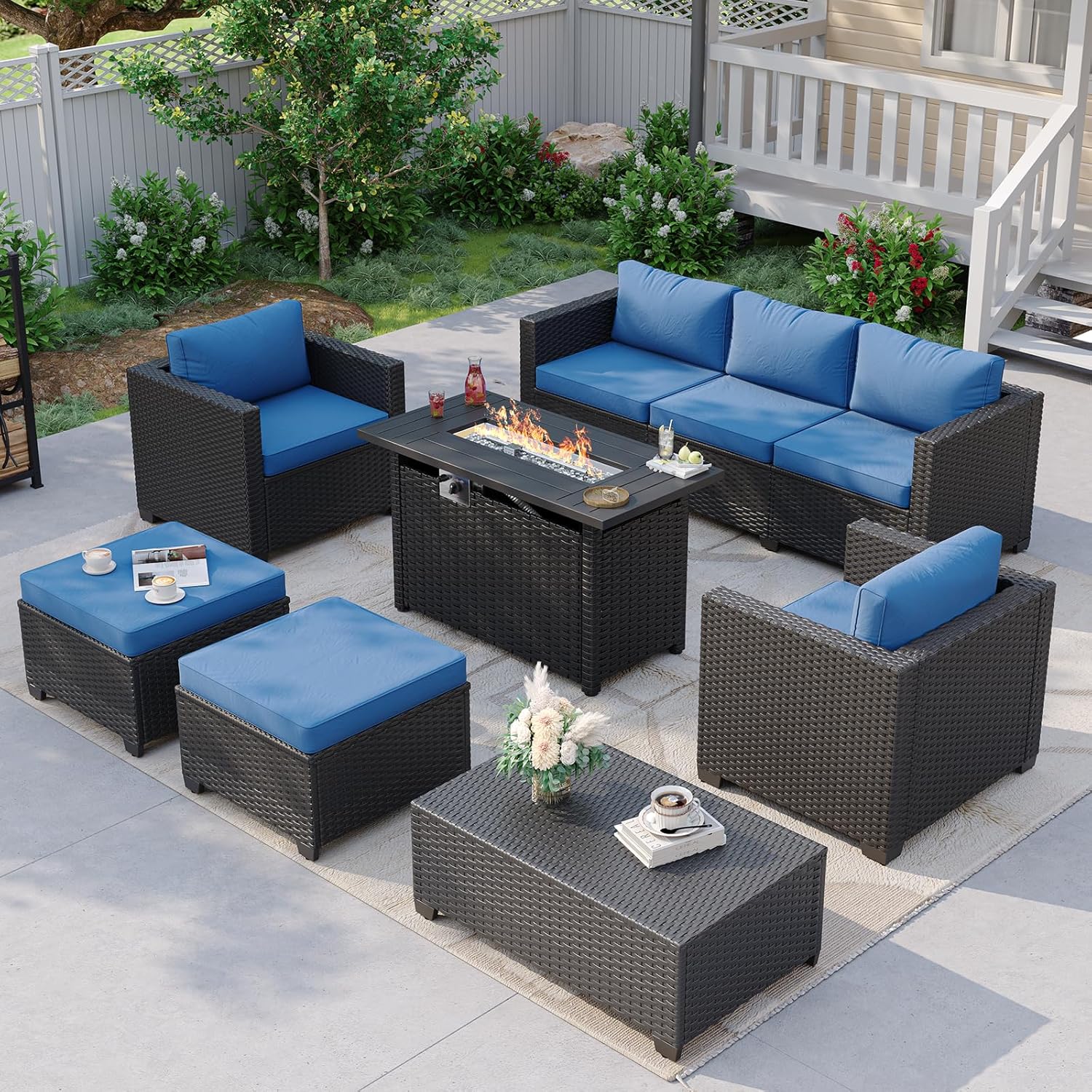 Outdoor Furniture Set With Fire Pit - Marineblaues Outdoor-Sofa-Set mit Feuertisch und Stauraum,