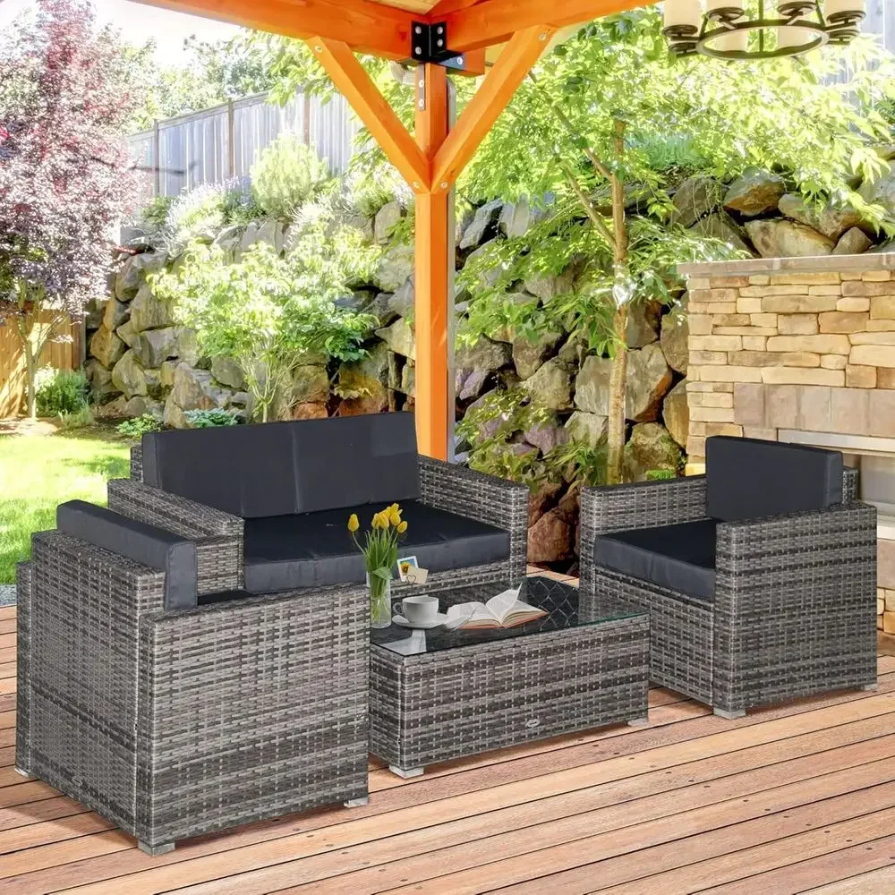 Outdoor Furniture Loveseat - 4-teiliges Outdoor-Sofa-Set aus Korbgeflecht mit Kissen,