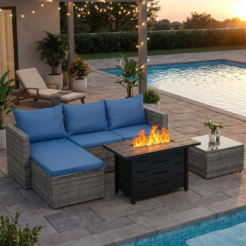 Outdoor Furniture Set With Fire Pit - 4-teiliges Outdoor-Rattan-Gartenmöbelset mit 43-Zoll-Propan-Feuerstelle, blauen Kissen